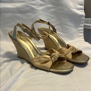 Gold Metallic Wedge Sandals with Ankle Strap